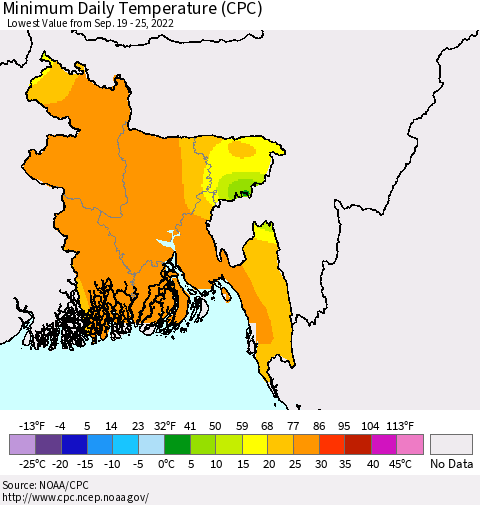 Bangladesh Minimum Daily Temperature (CPC) Thematic Map For 9/19/2022 - 9/25/2022