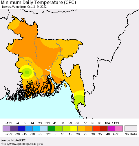 Bangladesh Minimum Daily Temperature (CPC) Thematic Map For 10/3/2022 - 10/9/2022