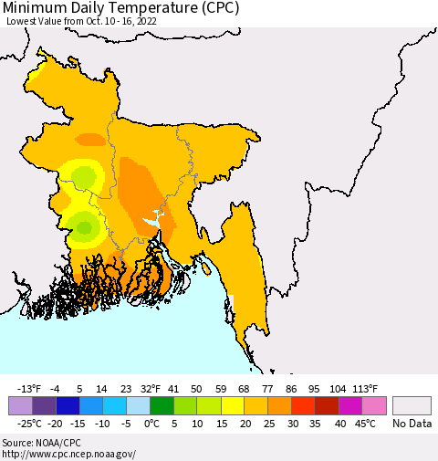 Bangladesh Minimum Daily Temperature (CPC) Thematic Map For 10/10/2022 - 10/16/2022