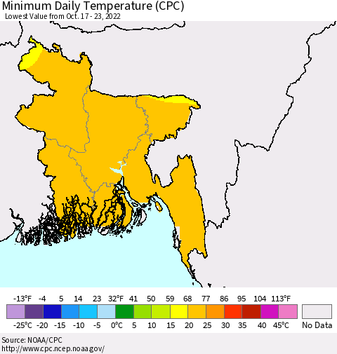 Bangladesh Minimum Daily Temperature (CPC) Thematic Map For 10/17/2022 - 10/23/2022