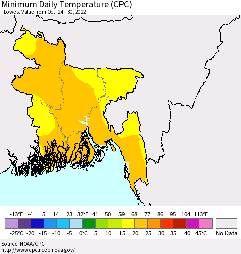 Bangladesh Minimum Daily Temperature (CPC) Thematic Map For 10/24/2022 - 10/30/2022