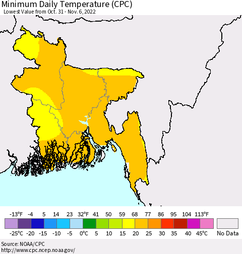 Bangladesh Minimum Daily Temperature (CPC) Thematic Map For 10/31/2022 - 11/6/2022