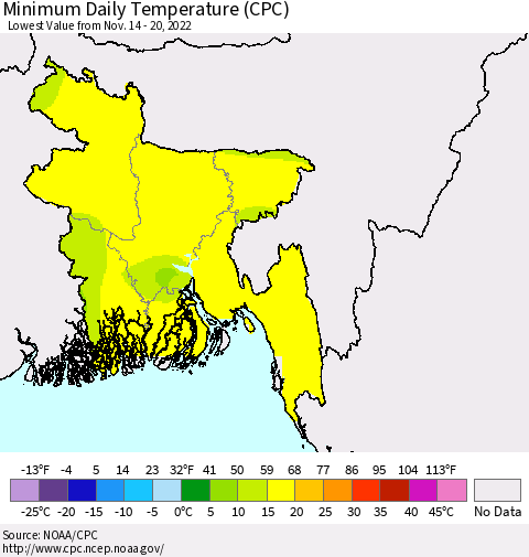 Bangladesh Minimum Daily Temperature (CPC) Thematic Map For 11/14/2022 - 11/20/2022
