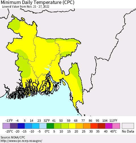 Bangladesh Minimum Daily Temperature (CPC) Thematic Map For 11/21/2022 - 11/27/2022
