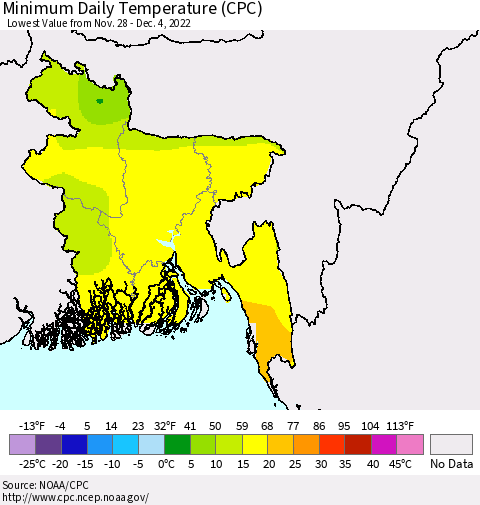Bangladesh Minimum Daily Temperature (CPC) Thematic Map For 11/28/2022 - 12/4/2022