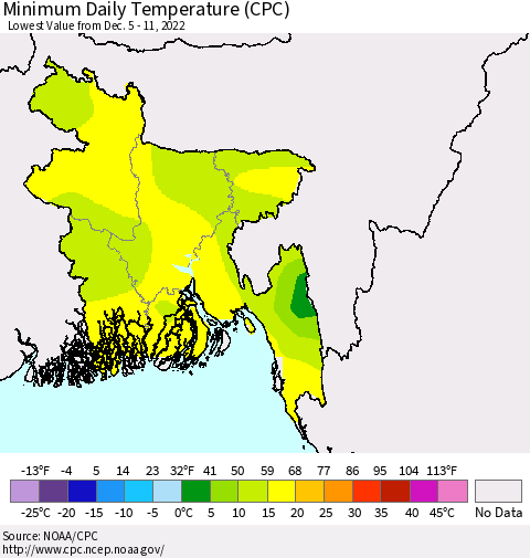 Bangladesh Minimum Daily Temperature (CPC) Thematic Map For 12/5/2022 - 12/11/2022