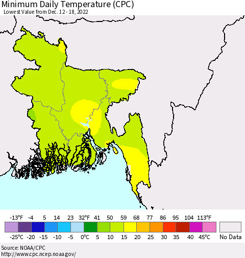 Bangladesh Minimum Daily Temperature (CPC) Thematic Map For 12/12/2022 - 12/18/2022