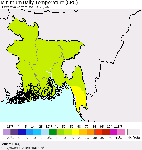 Bangladesh Minimum Daily Temperature (CPC) Thematic Map For 12/19/2022 - 12/25/2022