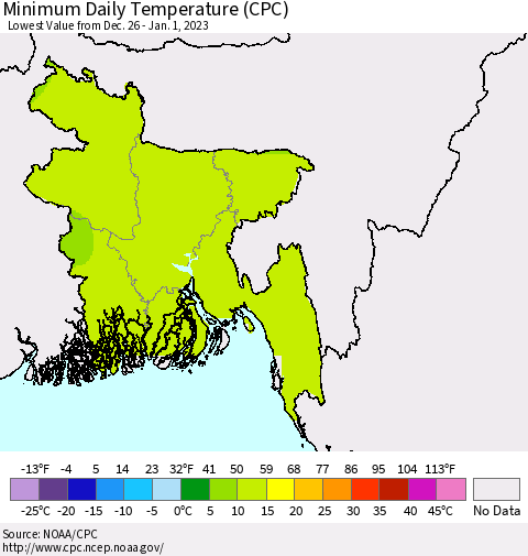 Bangladesh Minimum Daily Temperature (CPC) Thematic Map For 12/26/2022 - 1/1/2023