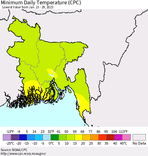 Bangladesh Minimum Daily Temperature (CPC) Thematic Map For 1/23/2023 - 1/29/2023