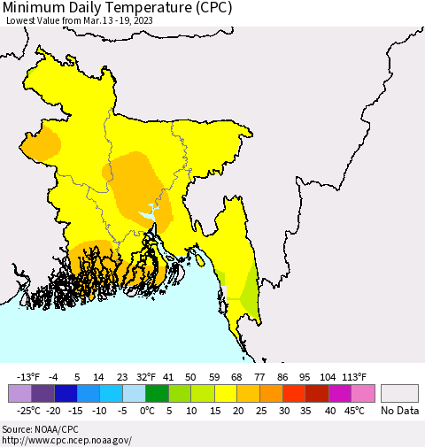 Bangladesh Minimum Daily Temperature (CPC) Thematic Map For 3/13/2023 - 3/19/2023