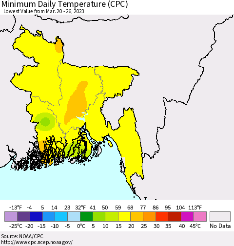 Bangladesh Minimum Daily Temperature (CPC) Thematic Map For 3/20/2023 - 3/26/2023