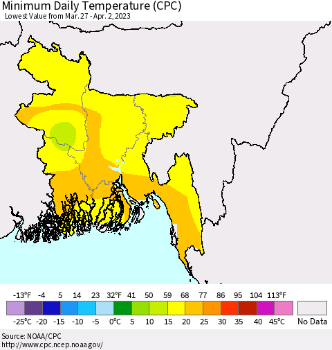 Bangladesh Minimum Daily Temperature (CPC) Thematic Map For 3/27/2023 - 4/2/2023