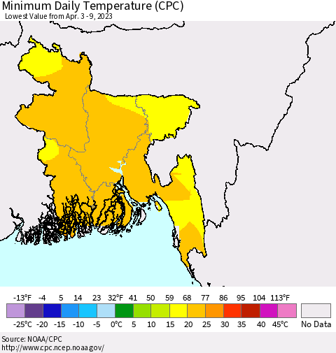 Bangladesh Minimum Daily Temperature (CPC) Thematic Map For 4/3/2023 - 4/9/2023