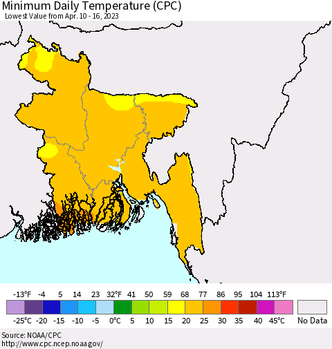 Bangladesh Minimum Daily Temperature (CPC) Thematic Map For 4/10/2023 - 4/16/2023