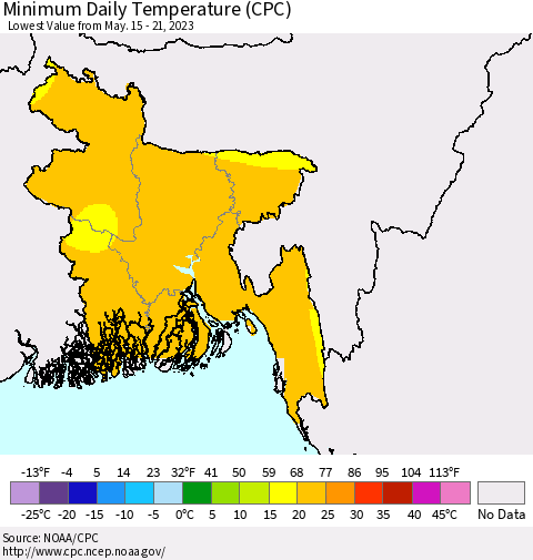 Bangladesh Minimum Daily Temperature (CPC) Thematic Map For 5/15/2023 - 5/21/2023