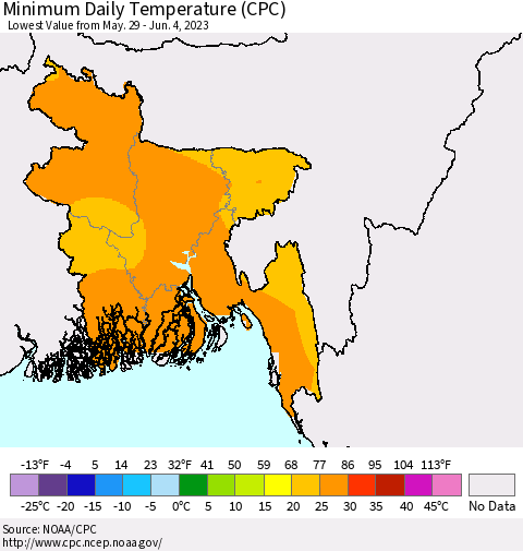Bangladesh Minimum Daily Temperature (CPC) Thematic Map For 5/29/2023 - 6/4/2023