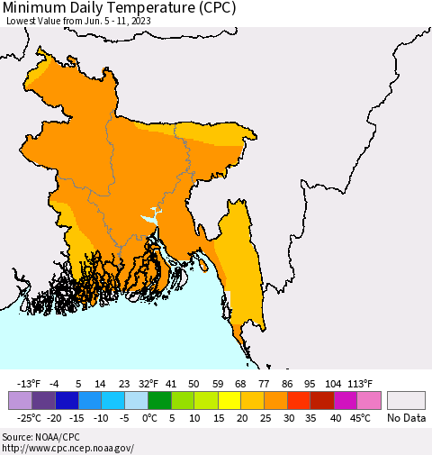 Bangladesh Minimum Daily Temperature (CPC) Thematic Map For 6/5/2023 - 6/11/2023