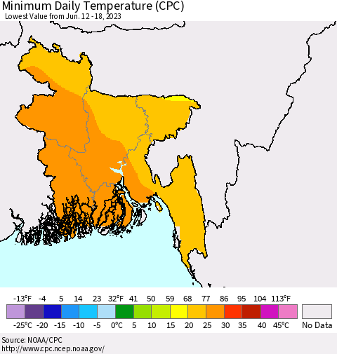 Bangladesh Minimum Daily Temperature (CPC) Thematic Map For 6/12/2023 - 6/18/2023