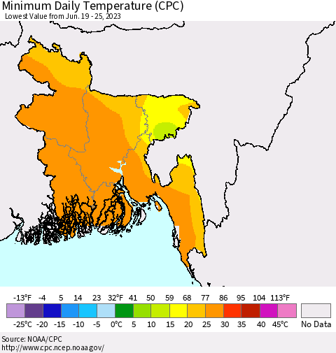 Bangladesh Minimum Daily Temperature (CPC) Thematic Map For 6/19/2023 - 6/25/2023