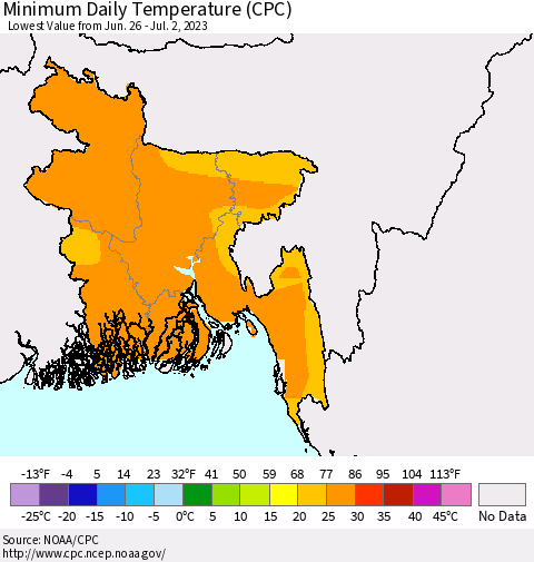 Bangladesh Minimum Daily Temperature (CPC) Thematic Map For 6/26/2023 - 7/2/2023