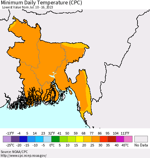 Bangladesh Minimum Daily Temperature (CPC) Thematic Map For 7/10/2023 - 7/16/2023