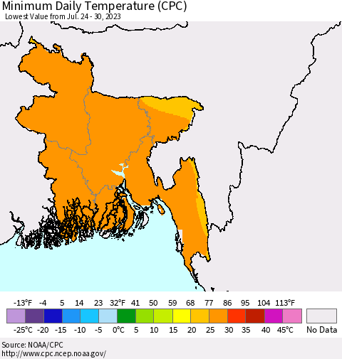 Bangladesh Minimum Daily Temperature (CPC) Thematic Map For 7/24/2023 - 7/30/2023