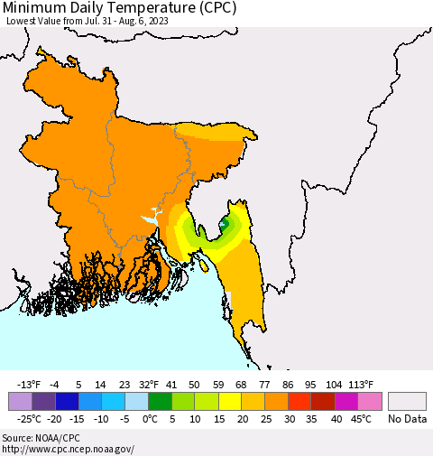 Bangladesh Minimum Daily Temperature (CPC) Thematic Map For 7/31/2023 - 8/6/2023