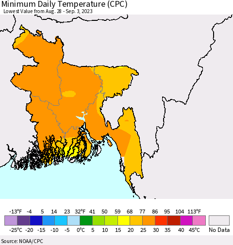 Bangladesh Minimum Daily Temperature (CPC) Thematic Map For 8/28/2023 - 9/3/2023