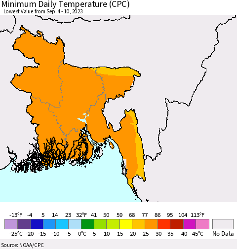 Bangladesh Minimum Daily Temperature (CPC) Thematic Map For 9/4/2023 - 9/10/2023