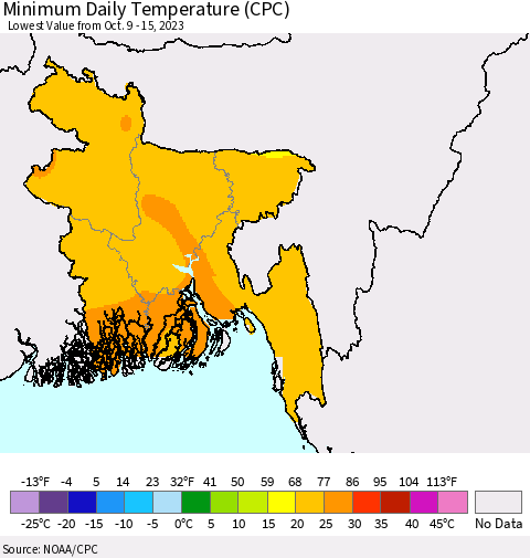 Bangladesh Minimum Daily Temperature (CPC) Thematic Map For 10/9/2023 - 10/15/2023