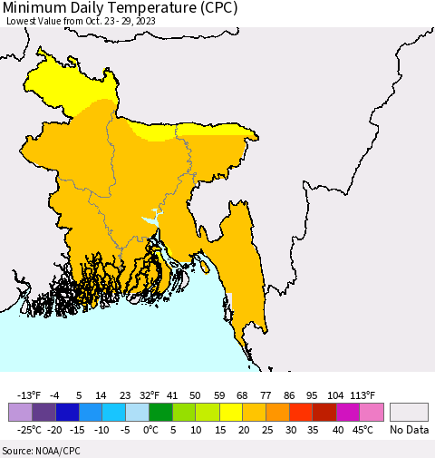 Bangladesh Minimum Daily Temperature (CPC) Thematic Map For 10/23/2023 - 10/29/2023