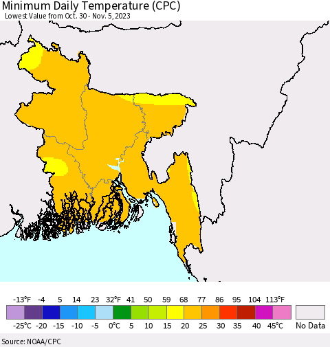 Bangladesh Minimum Daily Temperature (CPC) Thematic Map For 10/30/2023 - 11/5/2023