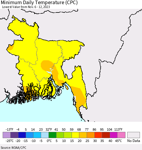 Bangladesh Minimum Daily Temperature (CPC) Thematic Map For 11/6/2023 - 11/12/2023
