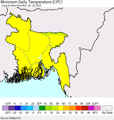 Bangladesh Minimum Daily Temperature (CPC) Thematic Map For 11/20/2023 - 11/26/2023