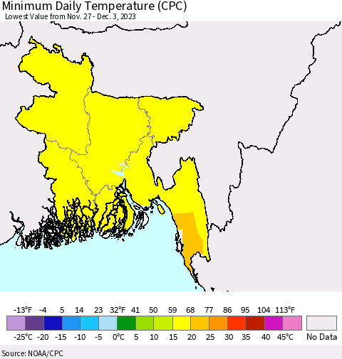 Bangladesh Minimum Daily Temperature (CPC) Thematic Map For 11/27/2023 - 12/3/2023