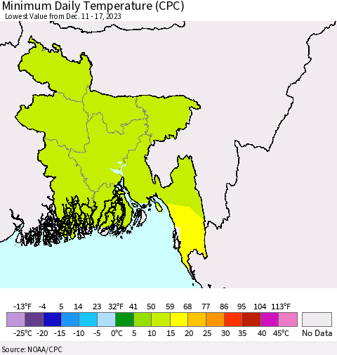 Bangladesh Minimum Daily Temperature (CPC) Thematic Map For 12/11/2023 - 12/17/2023
