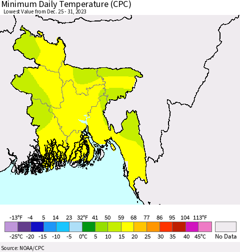 Bangladesh Minimum Daily Temperature (CPC) Thematic Map For 12/25/2023 - 12/31/2023