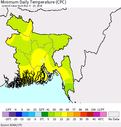 Bangladesh Minimum Daily Temperature (CPC) Thematic Map For 3/4/2024 - 3/10/2024