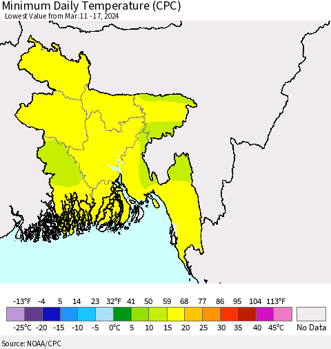 Bangladesh Minimum Daily Temperature (CPC) Thematic Map For 3/11/2024 - 3/17/2024