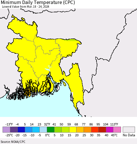 Bangladesh Minimum Daily Temperature (CPC) Thematic Map For 3/18/2024 - 3/24/2024