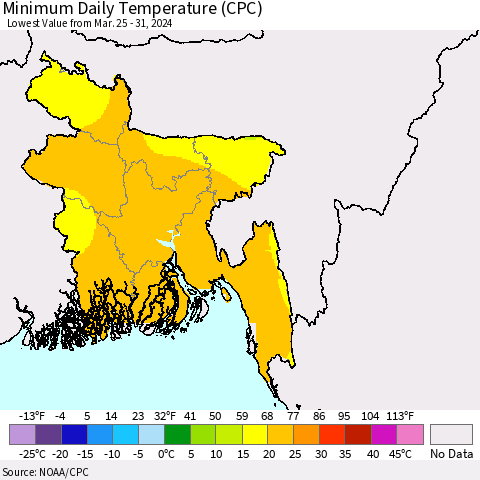 Bangladesh Minimum Daily Temperature (CPC) Thematic Map For 3/25/2024 - 3/31/2024