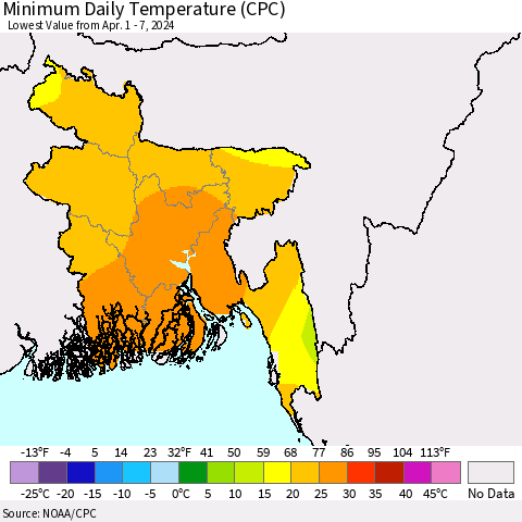 Bangladesh Minimum Daily Temperature (CPC) Thematic Map For 4/1/2024 - 4/7/2024