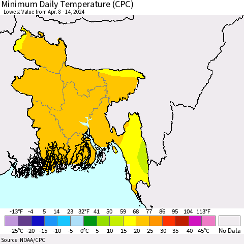 Bangladesh Minimum Daily Temperature (CPC) Thematic Map For 4/8/2024 - 4/14/2024