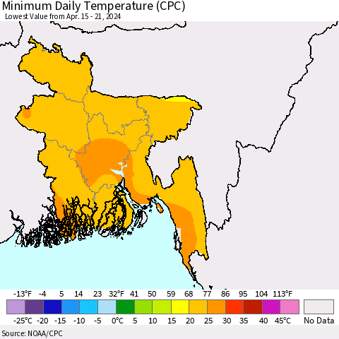 Bangladesh Minimum Daily Temperature (CPC) Thematic Map For 4/15/2024 - 4/21/2024