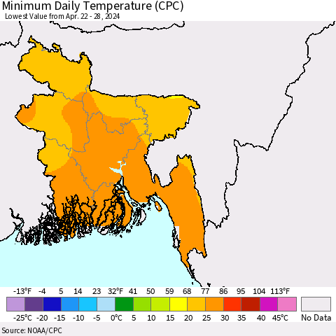 Bangladesh Minimum Daily Temperature (CPC) Thematic Map For 4/22/2024 - 4/28/2024
