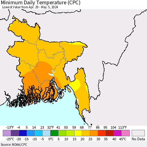 Bangladesh Minimum Daily Temperature (CPC) Thematic Map For 4/29/2024 - 5/5/2024