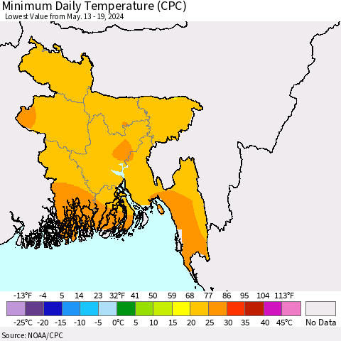 Bangladesh Minimum Daily Temperature (CPC) Thematic Map For 5/13/2024 - 5/19/2024