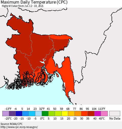 Bangladesh Maximum Daily Temperature (CPC) Thematic Map For 7/12/2021 - 7/18/2021