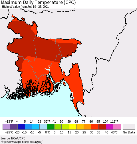 Bangladesh Maximum Daily Temperature (CPC) Thematic Map For 7/19/2021 - 7/25/2021